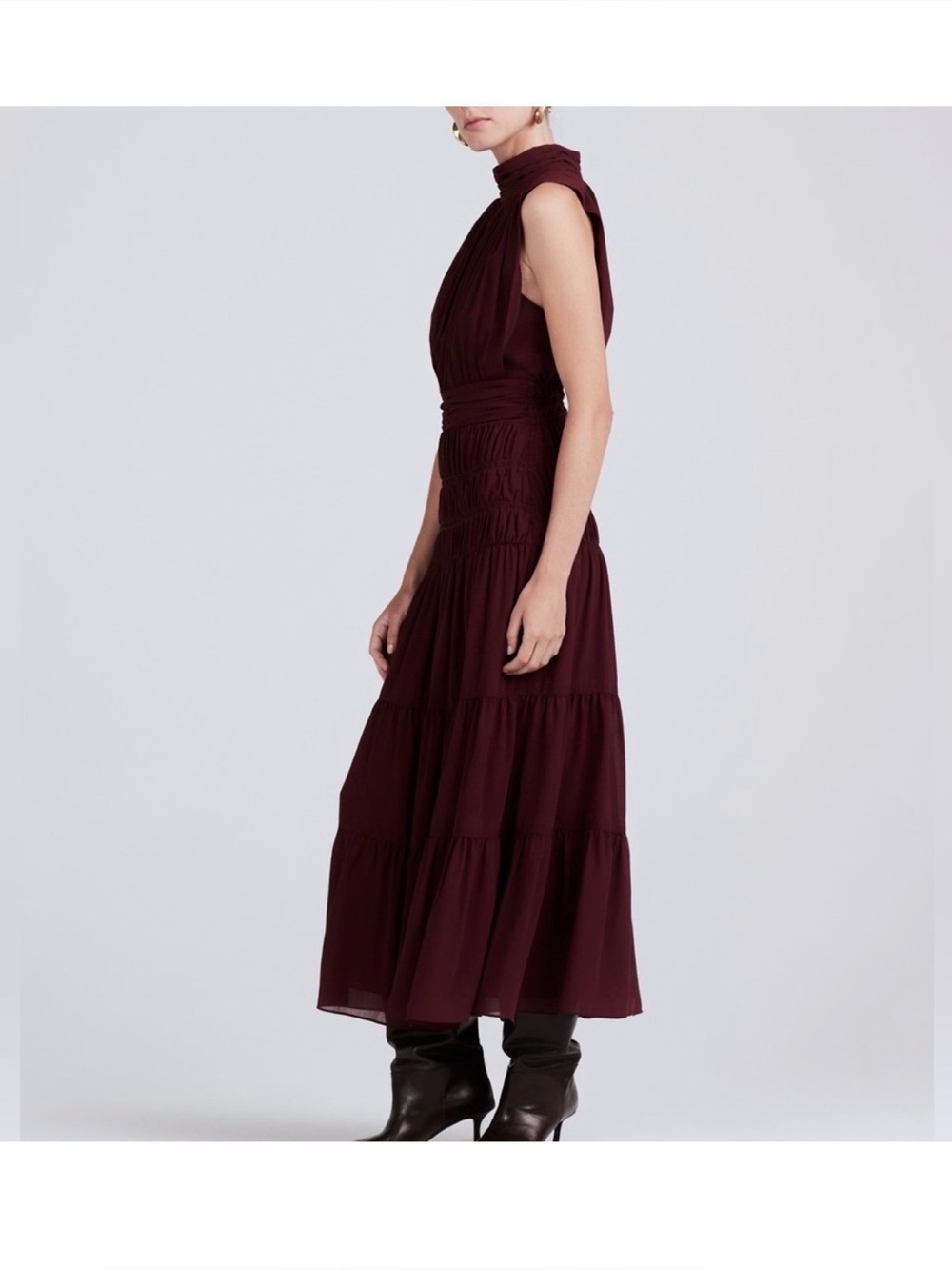 10 Crosby Derek Lam Junia Sleeveless High-Neck Tiered Maxi Dress - Burgundy